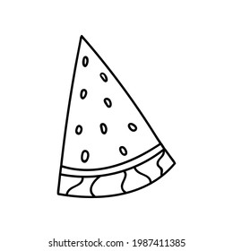 Cute and funny hand drawn watermelon. Vector summer berry doodle. Stylized illustration with hand drawn outline isolated on background. For sticker, scrapbook, fabric, social media, posters.