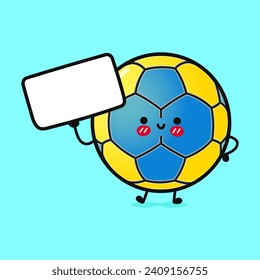 Lustiger Handball mit Poster. Vektorhandgezeichnete Cartoons kawaii Zeichentricksymbol. Einzeln auf blauem Hintergrund. Handball-Denkkonzept