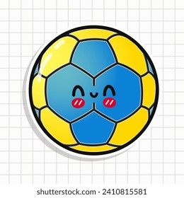 Cute lustige Handball-Aufkleber. Vektorhandgezeichnete Cartoons kawaii Zeichentricksymbol. Einzeln auf Hintergrund. Handball-Kartenzeichenkonzept