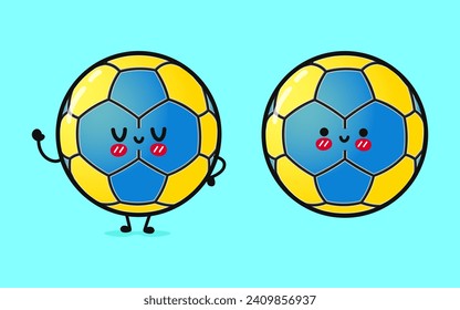 Cute lustiger Handball. Vektorhandgezeichnete Cartoons kawaii Zeichentricksymbol. Einzeln auf blauem Hintergrund. Happy-Handball-Charakterkonzept