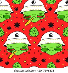 Cute funny happy alien smile face and weed marijuana joint seamless pattern. Vector kawaii cartoon illustration design. Cute alien,smoking weed marijuana joint,weed,cannabis seamless pattern concept
