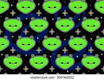 Cute funny happy alien smile face in cosmos seamless pattern. Vector kawaii cartoon illustration design. Cute cartoon alien,ufo,stars,cosmos,universe,space seamless pattern concept