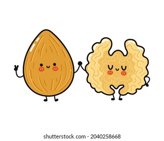 Cute, funny happy almond and walnut character. Vector hand drawn cartoon kawaii characters, illustration icon. Funny cartoon almond and walnut friends concept