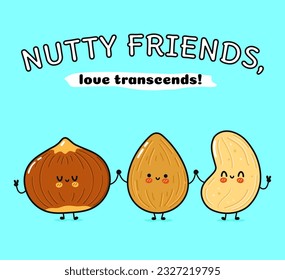 Cute, funny happy almonds, hazelnut and cashews nut. Vector hand drawn cartoon kawaii characters, illustration icon. Funny happy cartoon almond, hazelnut cashew nut mascot friends concept
