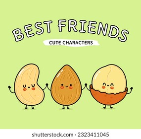 Cute, funny happy almonds, Macadamia and cashews. Vector hand drawn cartoon kawaii characters, illustration icon. Funny cartoon almond, Macadamia and cashew nut mascot friends concept