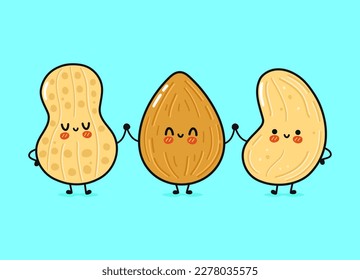 Cute, funny happy almonds, peanuts and cashews. Vector hand drawn cartoon kawaii characters, illustration icon. Funny cartoon almond, peanut and cashew nut mascot friends concept