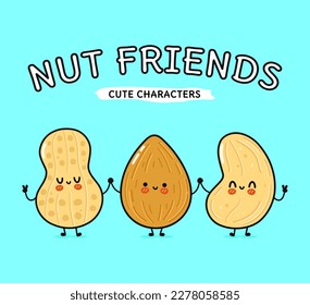 Cute, funny happy almonds, peanuts and cashews. Vector hand drawn cartoon kawaii characters, illustration icon. Funny cartoon almond, peanut and cashew nut mascot friends concept