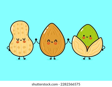 Amaltes, maníes y pistachos, alegres y amables. Caricatura de kawaii dibujada a mano vectora, icono de ilustración. Gracioso dibujo de almendras, maní y el concepto de amigos de mascota de nueces de pistacho