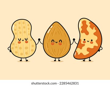 Cute, funny happy almonds, peanuts and Brazilian nut nut. Vector hand drawn cartoon kawaii characters, illustration icon. Funny happy cartoon almond, peanut and Brazilian nut mascot friends concept
