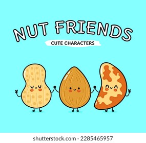 Cute, funny happy almonds, peanuts and Brazilian nut. Vector hand drawn cartoon kawaii characters, illustration icon. Funny happy cartoon almond, peanut and Brazilian nut mascot friends concept