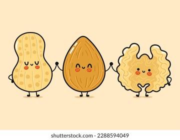 Cute, funny happy almonds, peanuts and Walnut. Vector hand drawn cartoon kawaii characters, illustration icon. Funny cartoon almond, peanut and Walnut mascot friends concept