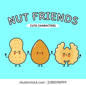 Cute, funny happy almonds, peanuts and Walnut. Vector hand drawn cartoon kawaii characters, illustration icon. Funny cartoon almond, peanut and Walnut mascot friends concept