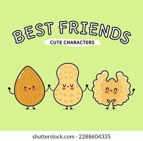 Cute, funny happy almonds, peanuts and Walnut. Vector hand drawn cartoon kawaii characters, illustration icon. Funny cartoon almond, peanut and Walnut mascot friends concept