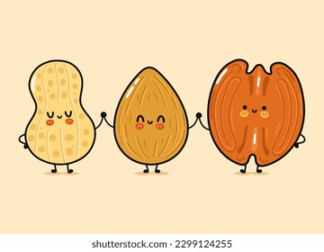 Cute, funny happy almonds, peanuts and pecan. Vector hand drawn cartoon kawaii characters, illustration icon. Funny happy cartoon almond, peanut and pecan mascot friends concept