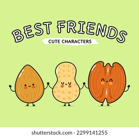 Cute, funny happy almonds, peanuts and pecan. Vector hand drawn cartoon kawaii characters, illustration icon. Funny happy cartoon almond, peanut and pecan mascot friends concept