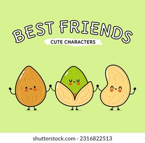 Cute, funny happy almonds, pistachio and cashews. Vector hand drawn cartoon kawaii characters, illustration icon. Funny cartoon almond, pistachio and cashew nut mascot friends concept