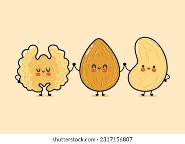 Cute, funny happy almonds, Walnut and cashews. Vector hand drawn cartoon kawaii characters, illustration icon. Funny cartoon almond, Walnut and cashew nut mascot friends concept