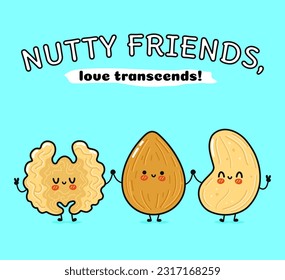 Cute, funny happy almonds, Walnut and cashews. Vector hand drawn cartoon kawaii characters, illustration icon. Funny cartoon almond, Walnut and cashew nut mascot friends concept
