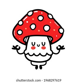 Cute funny happy amanita mushroom meditate in yoga pose. Vector hand drawn cartoon kawaii character illustration icon. Isolated on white background. Funny amanita mushroom mascot character concept