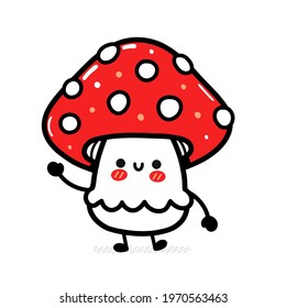 Cute funny happy amanita mushroom. Vector hand drawn cartoon kawaii character illustration icon. Isolated on white background. Funny amanita mushroom mascot character concept