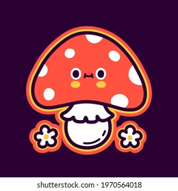 Cute funny happy amanita mushroom and flowers. Vector hand drawn cartoon kawaii character illustration icon. Isolated on white background. Funny amanita mushroom mascot character concept