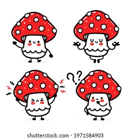 Cute funny happy amanita mushroom set collection. Vector hand drawn cartoon kawaii character illustration icon. Isolated on white background. Funny amanita mushroom mascot character bundle concept