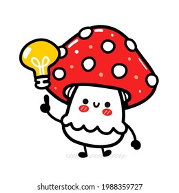 Cute funny happy amanita mushroom with idea light bulb. Vector hand drawn cartoon kawaii character illustration icon. Isolated on white background. Funny amanita mushroom mascot character concept