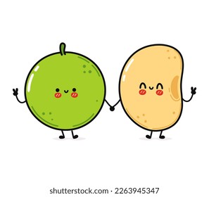 Cute, funny happy bean and soy character. Vector hand drawn cartoon kawaii characters, illustration icon. Funny cartoon happy bean and soy friends concept