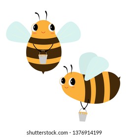 Cute, funny, happy bees flying with honey. Vector cartoon illustration.
