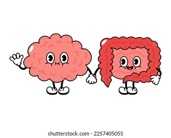 Cute, funny happy brain and intestines character. Vector hand drawn cartoon kawaii characters, illustration icon. Funny cartoon brain and intestines friends concept