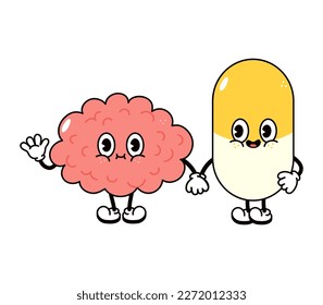 Cute, funny happy brain and pill character. Vector hand drawn cartoon kawaii characters, illustration icon. Funny cartoon brain and pill friends concept