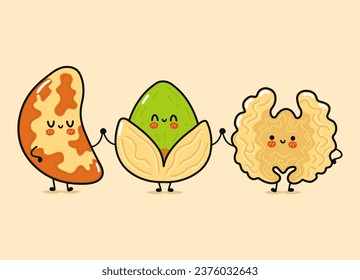 Cute, funny happy Brazilian nut, Pistachio and Walnut nut. Vector hand drawn cartoon kawaii characters, illustration icon. Funny happy cartoon Brazilian nut, pistachio and Walnut nut mascot friends