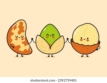 Cute, funny happy Brazilian nut, Pistachio and Macadamia. Vector hand drawn cartoon kawaii characters, illustration icon. Funny cartoon Brazilian nut, Pistachio, Macadamia mascot friends concept