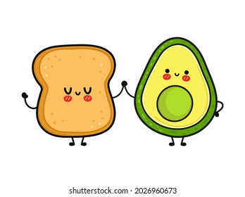 Un pan dulce y gracioso y un personaje aguacate. Caricatura de kawaii dibujada a mano vectora, icono de ilustración. Divertido concepto de pan de dibujos animados y amigos а vocado