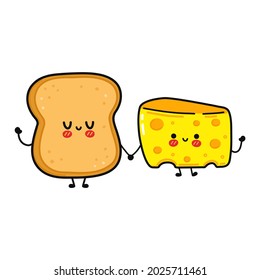Cute, lustige glückliche Brot und Käsecharakter. Vektor handgezeichnet Cartoon kawaii Zeichen, Illustrationssymbol. Funny Cartoon Brot und Käsefreunde Konzept