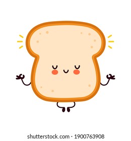 Cute funny happy bread toast character meditate. Vector flat line cartoon kawaii character illustration icon. Isolated on white background. Toast with face character mascot concept