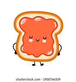 Cute funny happy bread toast with jam character. Vector flat line cartoon kawaii character illustration icon. Isolated on white background. Toast with face character mascot concept