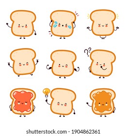 Cute funny happy bread toast character set collection. Vector flat line cartoon kawaii character illustration icon. Isolated on white background. Toast with face character mascot bundle concept