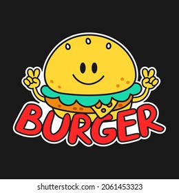 Cute funny happy burger show peace gesture logo. Vector doodle line cartoon kawaii character illustration icon. Burger quote logo concept