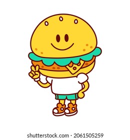 Cute funny happy burger show peace gesture. Vector doodle line cartoon kawaii character illustration icon. Isolated on white background. Burger cartoon mascot concept