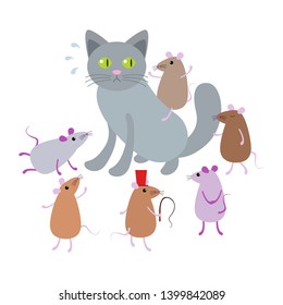 Cute funny happy cartoon mice playing with unhappy cat