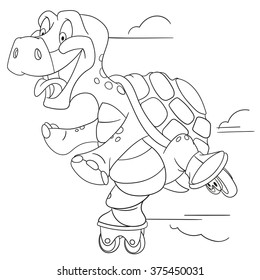cute funny and happy cartoon turtle is roller-skating at high speed, isolated on a white background