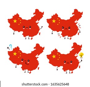 Cute funny happy China map and flag character set collection. Vector cartoon character illustration icon design. China map outline bundle concept
