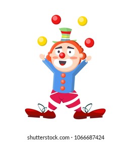 Cute funny happy clown stands in pink white pants in a strip and large shoes rolls the balls from hand to hand. Rude hair, red nose, colorful hat. Modern vector flat designe image isolated on white 