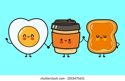 Cute, Funny Happy Coffee Paper Cup, Toast With Peanut Butter And Fried Egg Character. Vector Hand Drawn Cartoon Kawaii Characters, Illustration Icon. Funny Coffee, Fried Egg And Toast With Butter