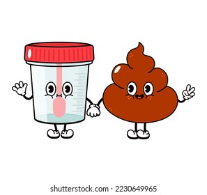 Un contenedor feliz y divertido para análisis de heces. Caricatura de kawaii dibujada a mano vectora, icono de ilustración. Contenedor divertido de dibujos animados para el análisis desafía el concepto de amigos