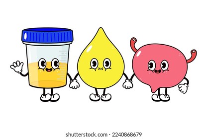 Cute, funny happy container for analysis drop of urine bladder. Vector hand drawn cartoon kawaii characters, illustration icon. Funny cartoon container for analysis drop of urine bladder friends