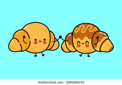 Un croissant agradable y acogedor con un croissant de chocolate. Caricatura de kawaii dibujada a mano por vectores. Divertido concepto de personaje mascota croissant de dibujos animados. Concepto de amigos croissant