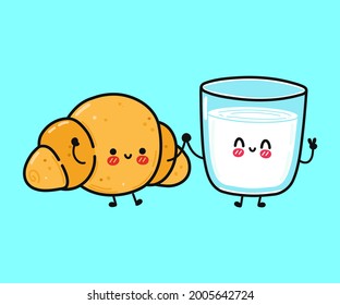 Cute, funny happy croissant and glass of milk character. Vector hand drawn doodle style cartoon character illustration icon design. Funny cartoon croissant and glass of milk mascot character concept