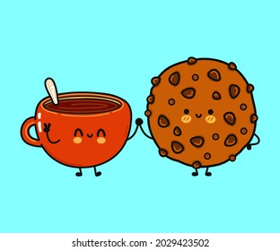 Cute, funny happy cup of coffee and chocolate cookies character. Vector hand drawn cartoon kawaii characters, illustration icon. Funny cartoon cup of coffee and chocolate cookies friends concept